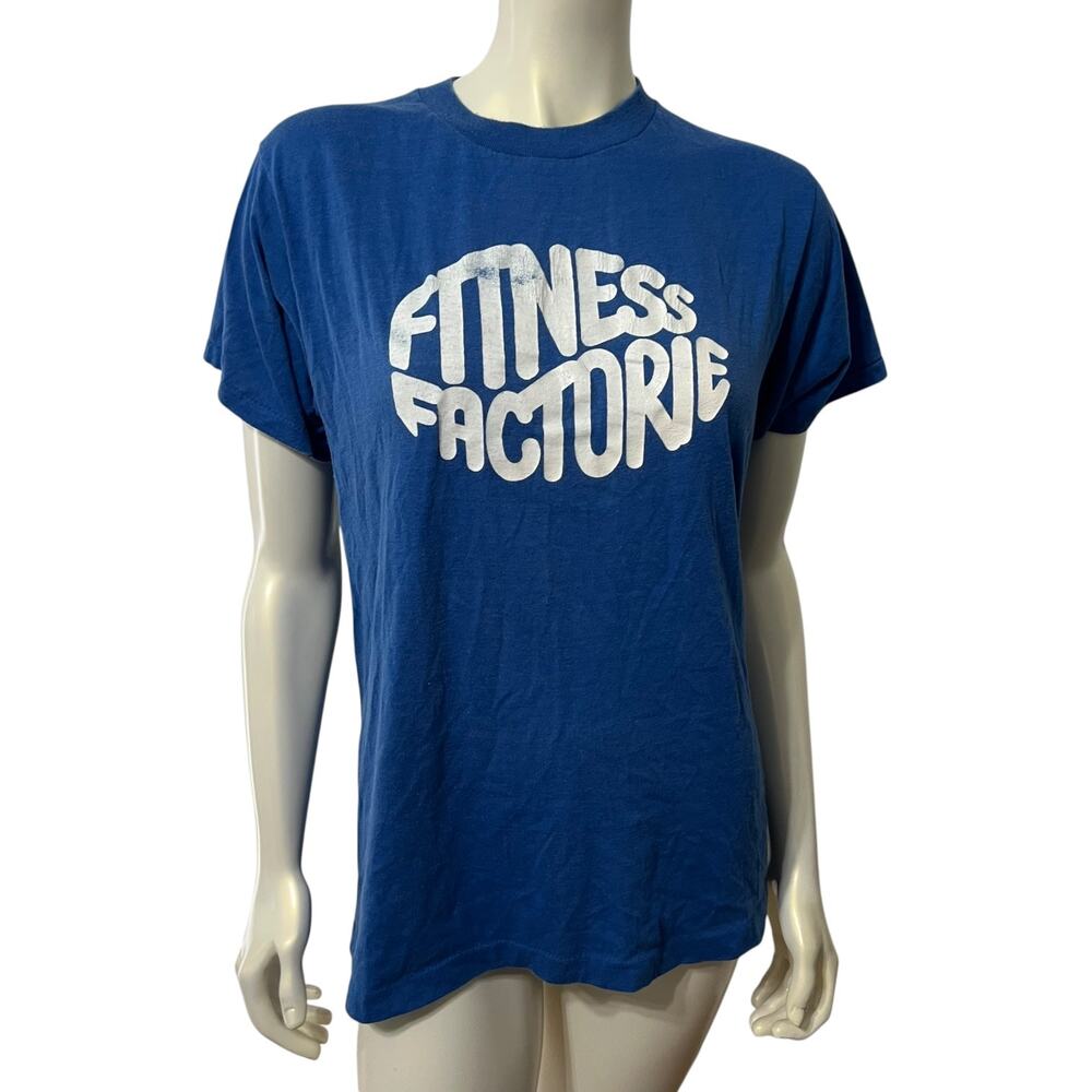 Vintage 80s Screen Stars Fitness Factory Blue Graphic T Shirt Large Usa Made